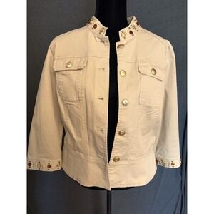 Vtg Chic Lark Lane Khaki Tan Studded Cabochon Jacket Sz 14 Utility‎ mock neck